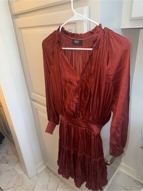 RESET Women's Satin Long Sleeve Tiered Dress in Rust